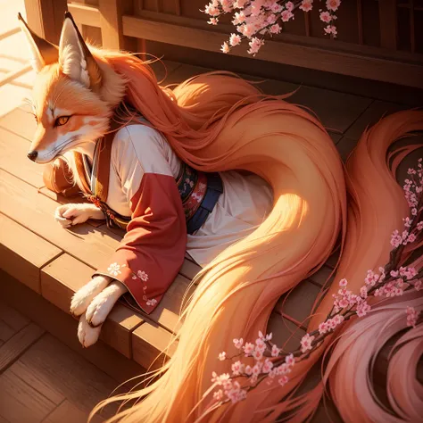 1girl, kitsune, long flowing hair, fox ears and fox tail best quality, ultra-detailed,vibrant colors, traditional japanese art, ...