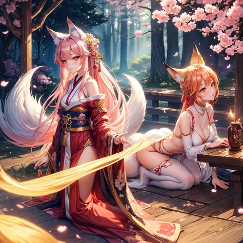 

1girl, Kitsune, long flowing hair, fox ears and fox tail Best quality, ultra-detailed,vibrant colors, traditional Japanese art, ethereal atmosphere, mystical aura, captivating beauty, cherry blossoms, enchanting landscape,radiant sunlight, soft glow