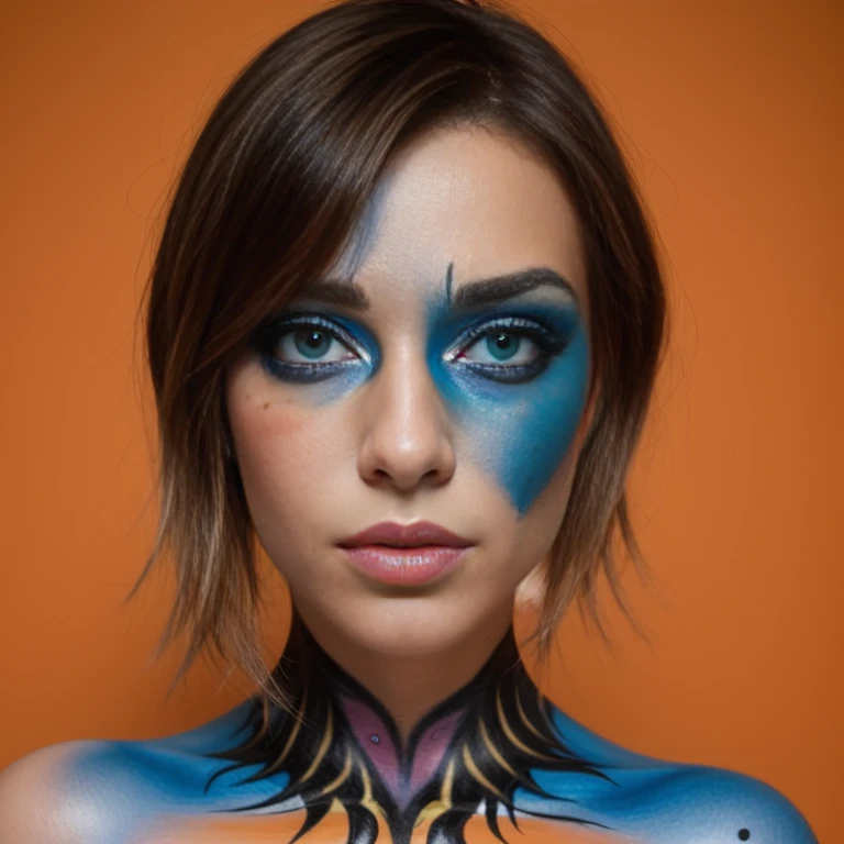 jeune femme de 25 ans, brune aux yeux bleus, topless, bodypainting sur tout le corps