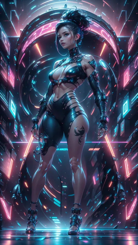 an ultra-realistic and ultra-detailed, intricate retrowave environment, ((full body portrait)), (downward view, from above), a g...