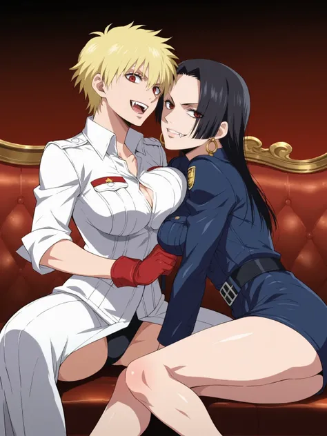 score_9, score_8_up, score_7_up, source_anime, by ikuchan kaoru, iku, clean color, flat color, 2girls, anime screencap, screencap, crossover, indoors, couch, sitting,breast press, ((hellsing, seras victoria, vampire, fangs, red eyes, short hair, blonde hai...