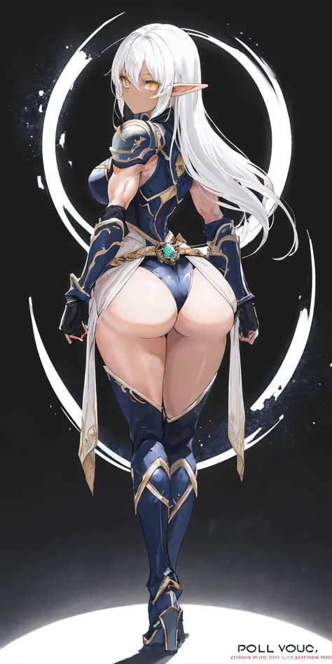 1solo dark black SKIN elf, long hair, white hair, yellow eyes, full body, breastplate, looking at viewer, shiny, armor, thigh highs, high boots, shoulder armor, faulds, poleyn, gloves, gauntlets, (((1 girl))), medium to large breasts, a beautiful and cute ...