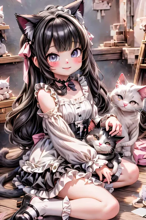 a cat girl smiling, lolita art style, kawaii, pumps