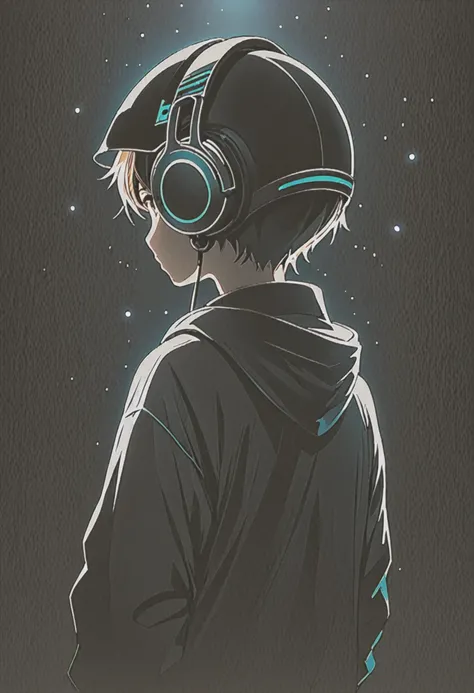 Boy from behind in the dark, avec un casque de musique