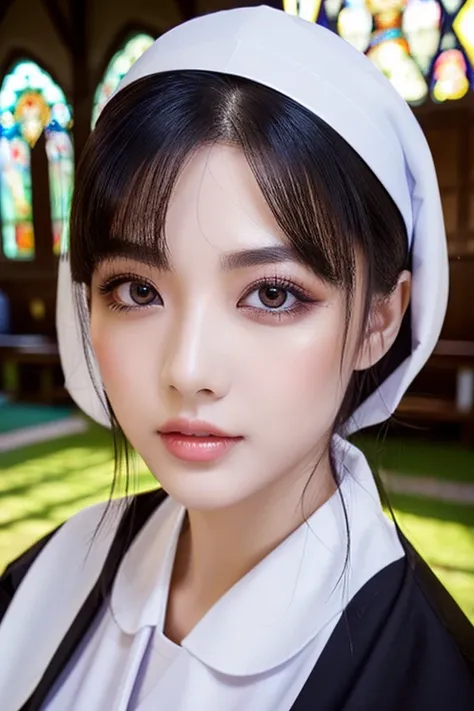 sexy nun,busty,beautiful detailed eyes,beautiful detailed lips,extremely detailed eyes and face,longeyelashes,nunnery,church,portraits,photorealistic,vivid colors,soft lighting