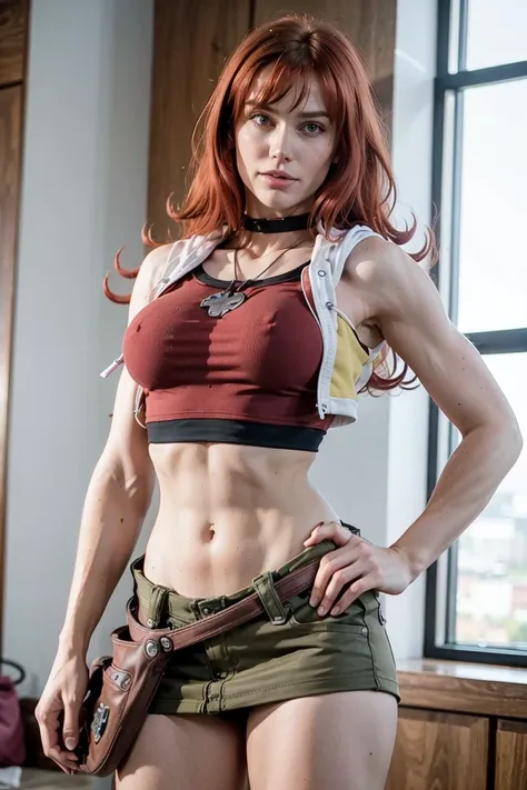 Photo of redhaired girl as a superheroine, straight redhaired, bangs, skirt,  super powerful, pink eyes, midriff, riding boots, white socks, toned arms, toned abs, tall and sexy, powerful, superb face, perfect body, tall, happy, smug, large chest, choker c...