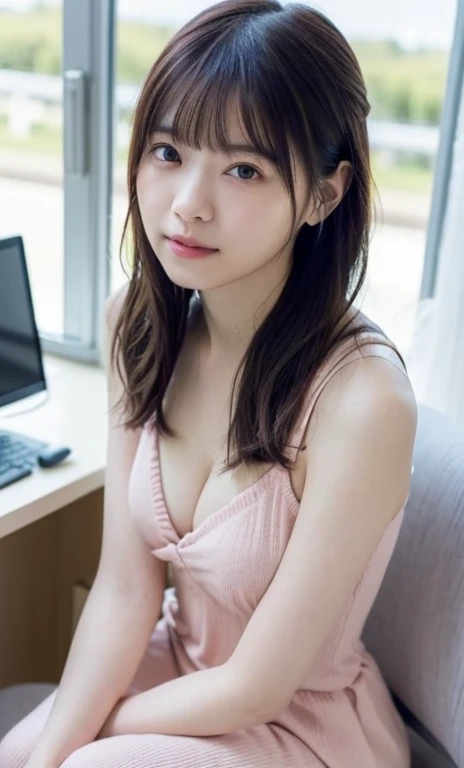 masterpiece、highest quality、16K、High resolution、UHD，Depth of the bounds written、soft light、professional lighting、Pale shading、Weak contrast、Japanese、beautiful girl、daytime office、Window seat、sitting in front of the computer、A tight pastel knit dress that c...