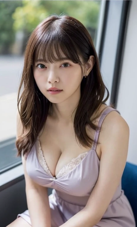 masterpiece、highest quality、16K、High resolution、UHD，Depth of the bounds written、soft light、professional lighting、Pale shading、Weak contrast、Japanese、beautiful girl、daytime office、Window seat、sitting in front of the computer、A loose pastel camisole dress、(s...