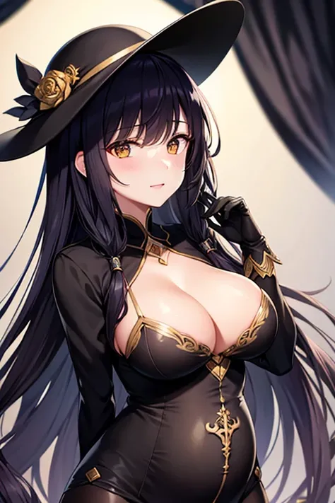 highest quality, Gothic suit, silk hat, gloves, black hair, yellow eyes, pregnant woman