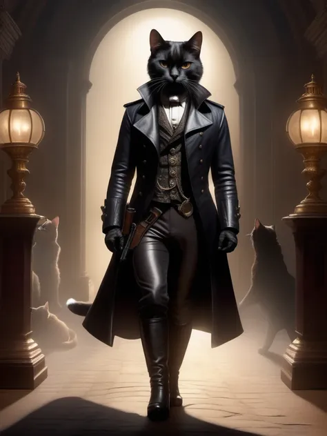 A victorian cat wearing leather jacked outfit , , dramatic lighting, dynamic pose, dynamic camera,masterpiece, best quality, dark shadows, ((dark fantasy)), detailed, realistic, 8k uhd, high quality, detailed, realistic, 8k uhd, high quality, gun in hand 