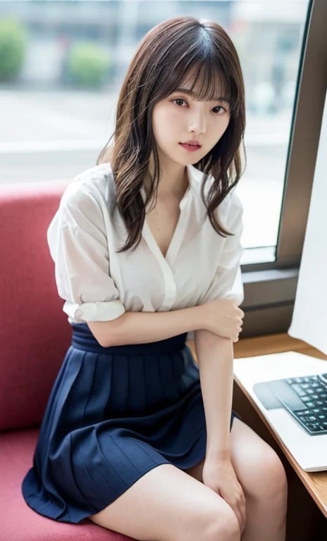 masterpiece、highest quality、16K、High resolution、UHD，Depth of the bounds written、soft light、professional lighting、Pale shading、Weak contrast、Japanese、beautiful girl、Slender woman、daytime office、Window seat、sitting in front of the computer、A tight pastel-col...