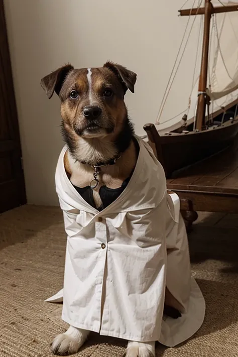 um cachorro com roupa de epoca colonial com uma caravela portuguesa