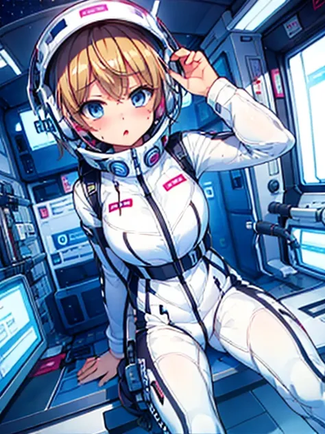 very detailed、(futuristic spaceship interior):1.5、人妻1 person，short bob，golden hair,(space helmet):5, (white space suit):1.5、body...