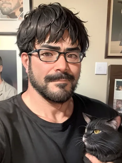 alone, looking at the viewer, short hair, shirt, black hair, 1 boy, male focus, Glasses, indoors,  black shirt, facial hair, animal, Cat, beard, realistic, moustache, black Cat, poster (object)