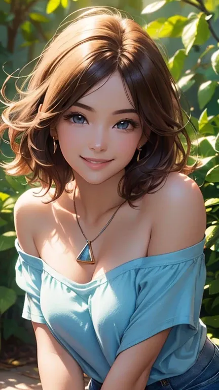 (Best quality,Ultra detailed,Photorealistic:1.37),bright and rich colors,studio lighting,playful and smiling expression of a beautiful face,stylish makeup, short denim shorts,hair fluttering in the wind,alluring smiling eyes, (((short T-shirt with a deep n...