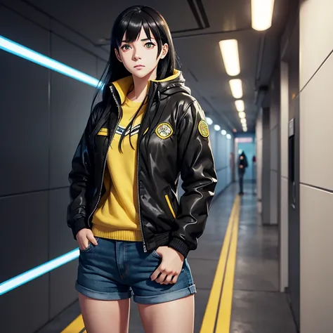 A girl, yellow jacket, hands in pockets, staring at another person, long black hair, heterochromic eyes, heterochromic eyes, heterochromic pupils, 8k resolution, very detailed, anatomically correct, digital painting, concept art, Makoto Shinkai style, clea...