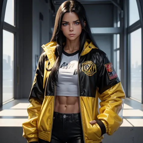 IFBB female teen bodybuilder, bodybuilder veins, A girl, yellow jacket, hands in pockets, staring at another person, long black hair, heterochromic eyes, heterochromic eyes, heterochromic pupils, 8k resolution, very detailed, anatomically correct, digital ...