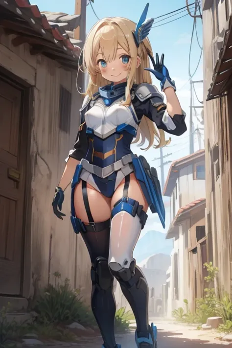 (master piece, highest quality),  intricate details, valkyrie, cute, Smile, (((smile))), raise your hand, looking at the viewer, feather headgear,  desert,Ruins 1 girl, alone, portrait, tentacle pultinum blonde, single blade, single thigh high, independent...