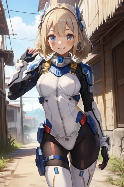 (master piece, highest quality),  intricate details, valkyrie, cute, Smile, (((smile))), raise your hand, looking at the viewer, feather headgear,  desert,Ruins 1 girl, alone, portrait, tentacle pultinum blonde, single blade, single thigh high, independent...