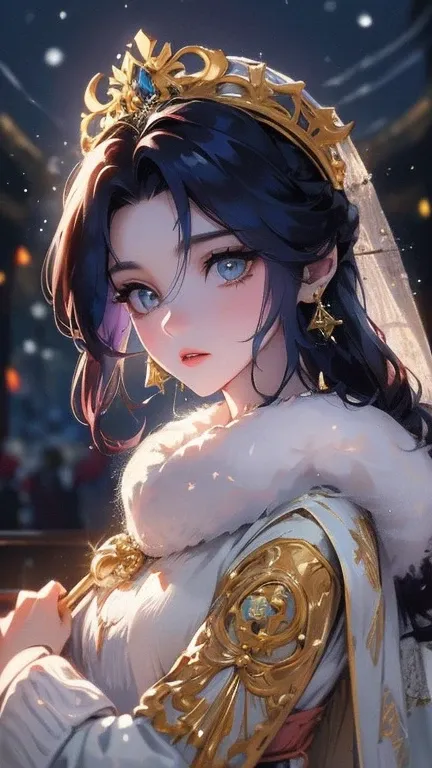 un hermoso retrato de emperatriz, pelo rubio, ojos azules perfectos, con un brillante, Impossible and striking large Christmas headdress, ropa batas de santa, todo navidad, snow asian, de cerca, d&d, Fancy