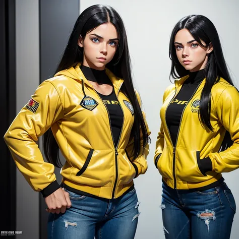 IFBB female teen bodybuilder, bodybuilder veins, A girl, yellow jacket, hands in pockets, staring at another person, long black hair, heterochromic eyes, heterochromic eyes, heterochromic pupils, 8k resolution, very detailed, anatomically correct, digital ...