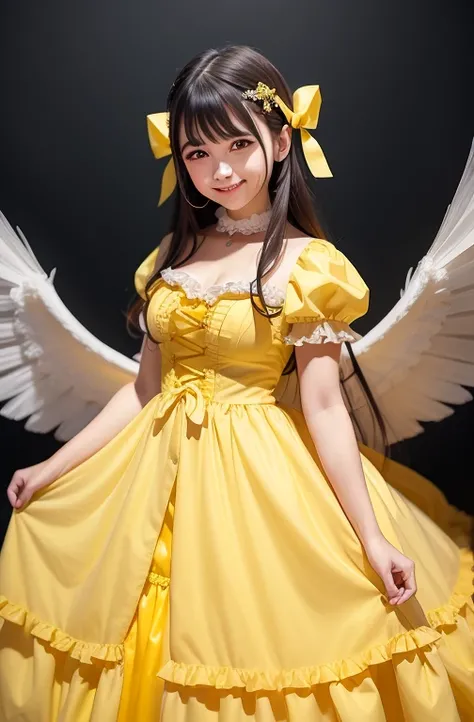 Woman in yellow dress posing for photo, portrait of magical lolita girl, angelic pretty, lolita fashion, , lolita style,  in dress, smiling!! Fantasy, portrait of radical Lolita girl, yellow glowing magic, wearing wheat yellow gauze, fairy core