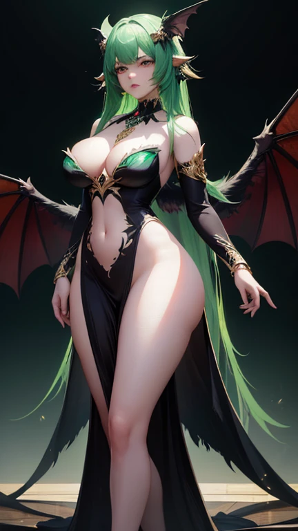 a majestic girl stands proud and fierce, body adorned with shimmering emerald scales and bat-like wings stretching out in a menacing display. Featured in a meticulously crafted digital painting, the manticores glowing, radiating a sense of otherworldly pow...