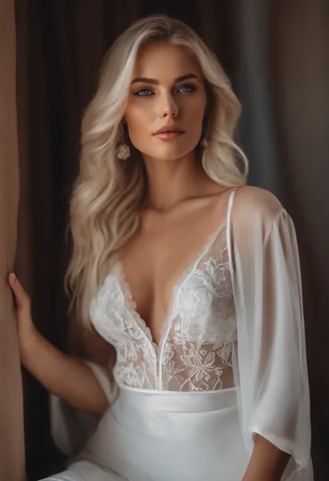 realistic white female instagram influencer, best quality, blonde, 1 girl, blue eyes, in white lingerie