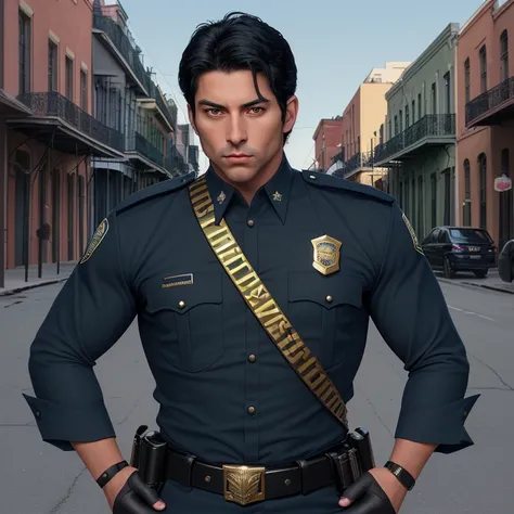 30 year old guy male police uniform dark blue uniform gold badge looking straight at viewer muscular build appearance latino black hair green eyes black belt with gun on belt on New Orleans street background 