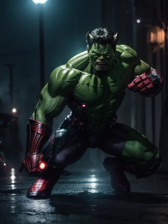 blend spider-man, green hulk, iron man, black panther and ant man into one body. full detail, 10k much more huge than green hulk...