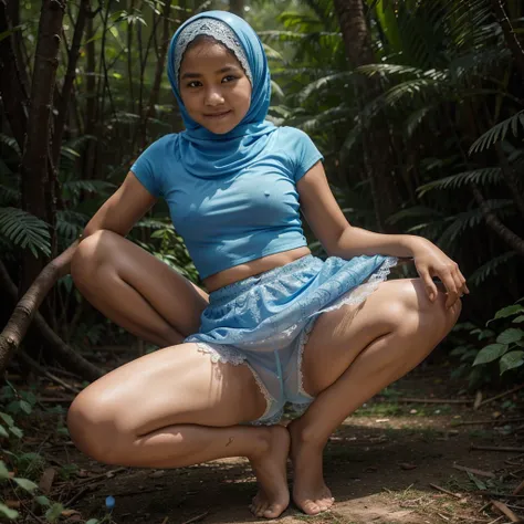 A 9 years old Indonesian woman in light blue hijab, wearing very short light blue lace tight t-shirt, wearing very short see-through light blue lace skirt, skirtlift, villager, poor woman, darker skin, curvier body, short body, small breasts, flat-chested,...