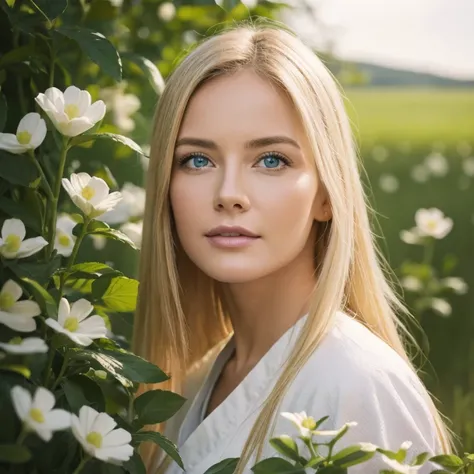 Hyper realistic action scene., in which a beautiful 40-year-old blonde carefully studies the flora and fauna of Altai "Adds extremely precise details to plants., Animals, and a girl&#39;surprised facial expression.&#39;Face, 8 k, Cinematic light, Photo rea...