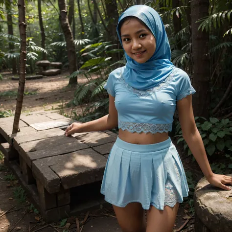 A 9 years old Indonesian woman in light blue hijab, wearing very short light blue lace tight t-shirt, wearing very short see-through light blue lace skirt, skirtlift, villager, poor woman, darker skin, curvier body, short body, small breasts, flat-chested,...