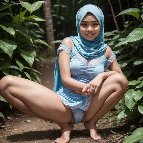 A 23 years old Indonesian woman in light blue hijab, wearing very short light blue lace tight t-shirt, wearing very short see-through light blue lace skirt, wearing white panties, villager, poor woman, darker skin, curvier body, short body, small breasts, ...