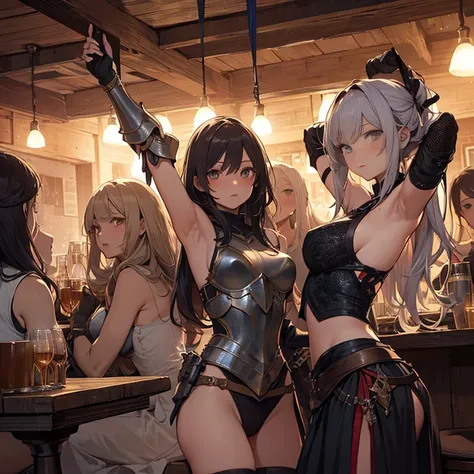 A group of  female medieval fantasy adventurers, (in tavern), various hair styles, harem, night, details face, seducing, sleeveless, armor, armpits 