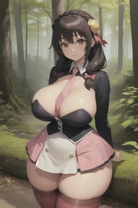 (masterpiece, best quality:1.2), solo, 1girl, yunyun, smile, looking at viewer, arms behind back, crown braid, hair ornament, hair bow, pink necktie, long sleeves, pink skirt, thighhighs, natural breasts, huge breasts, huge ass, huge thighs, narrow waist, ...