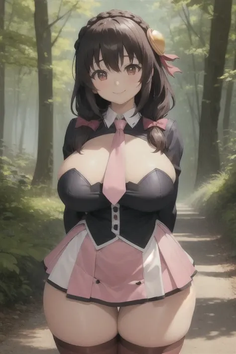 (masterpiece, best quality:1.2), solo, 1girl, yunyun, smile, looking at viewer, arms behind back, crown braid, hair ornament, hair bow, pink necktie, long sleeves, pink skirt, thighhighs, natural breasts, huge breasts, huge ass, huge thighs, narrow waist, ...