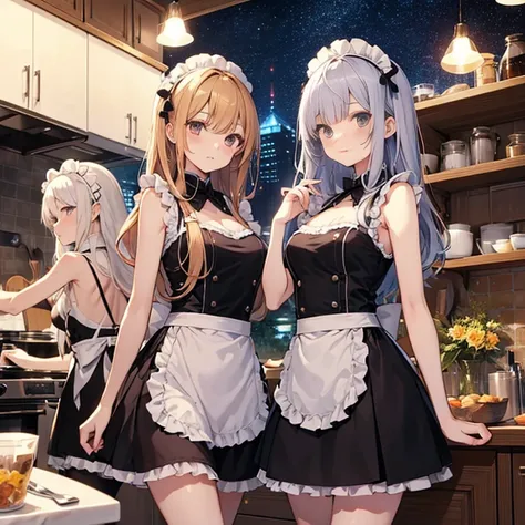 A group of maids, (in kitchen), various hair styles, harem, wearing maid uniform, night, details face, , short skirt, seducing, sleeveless , night, starry night, armpits 