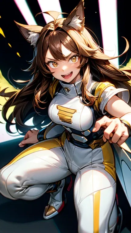 Boku no Hero Academia animation style girl, with long brown hair and a white streak, slanted yellow eyes, sharp teeth, wolf ears and big angel wings, with a white hero costume with brilliant elemental powers 