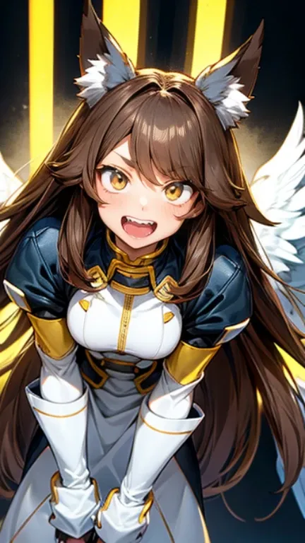 Boku no Hero Academia animation style girl, with long brown hair and a white streak, slanted yellow eyes, sharp teeth, wolf ears and big angel wings, with a white hero costume with brilliant elemental powers 