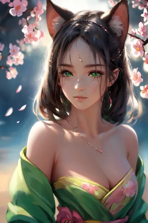 2D, (Best quality, masterpiece, Beauty, tenderness), anime, Highly detailed face, very detailed eyes, very detailed background, perfect lighting, whole body, 1 girl, One, Cats ears, ears are not visible, sakura (sakura flowers), Pink dress, green eyes, Fin...