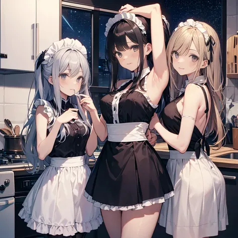 A group of maids, (in kitchen), various hair styles, harem, wearing maid uniform, night, details face, , short skirt, seducing, sleeveless , night, starry night, armpits 