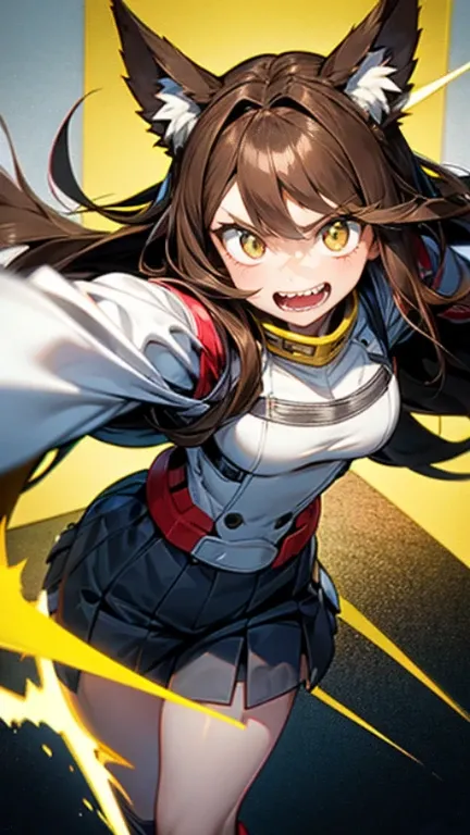 Boku no Hero Academia animation style girl, with long brown hair and a white streak, slanted yellow eyes, sharp teeth, wolf ears and big angel wings, witht    with brilliant elemental powers 