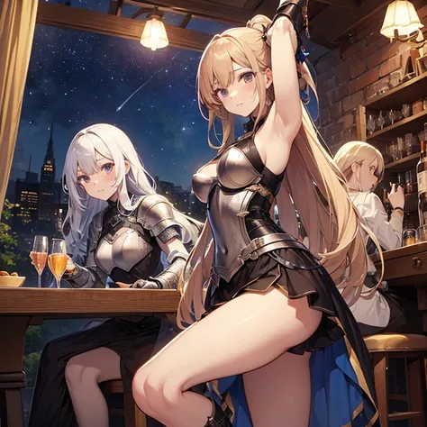 A group of young female knight, (in tavern), various hair styles, harem, wearing armored clothes, metal armor, night, details face, , short skirt, seducing, sword, sleeveless , showing armpits, night, starry night 