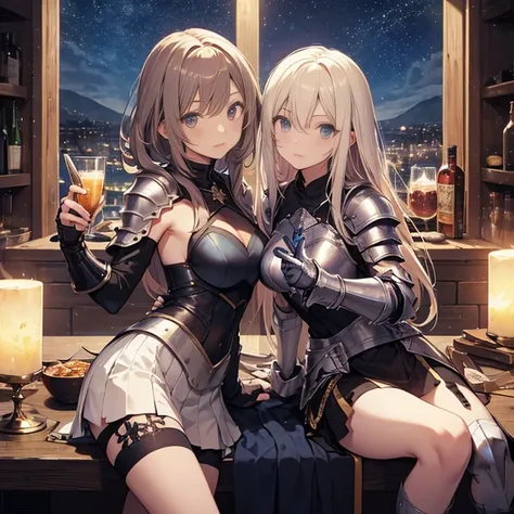 A group of young female knight, (in tavern), various hair styles, harem, wearing armored clothes, metal armor, night, details face, , short skirt, seducing, sword, sleeveless , showing armpits, night, starry night 