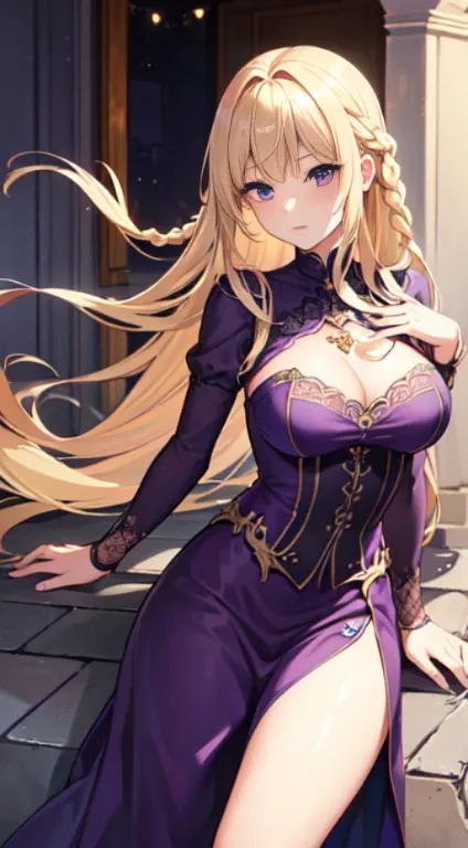 最high quality,very detailed,high quality,Extremely detailed,masterpiece,Super fine,ultra high resolution,超high quality,super realistic、(1 person:1.2)、woman、(Mature:1.5)、Blonde Hair Color、(Braid)、(Captivatingly shining purple eyes)、big breasts 、slender body...