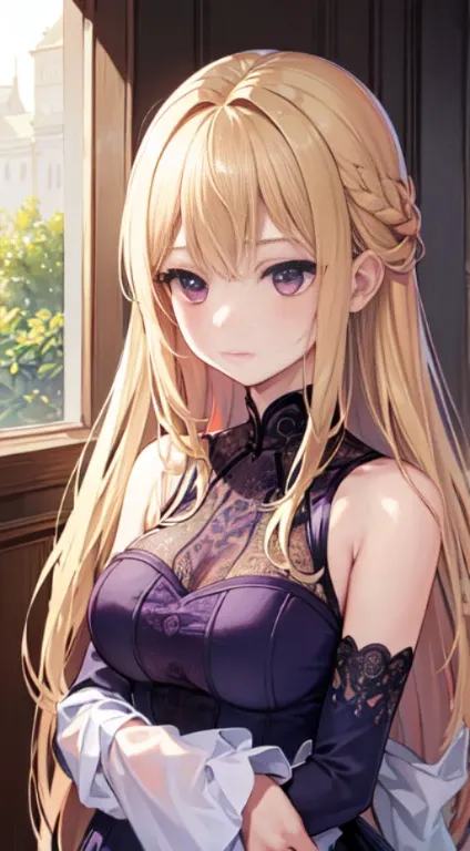 最high quality,very detailed,high quality,Extremely detailed,masterpiece,Super fine,ultra high resolution,超high quality,super realistic、(1 person:1.2)、woman、(Mature:1.5)、Blonde Hair Color、(Braid)、(Captivatingly shining purple eyes)、big breasts 、slender body...