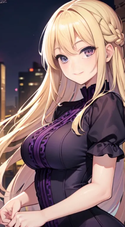 最high quality,very detailed,high quality,Extremely detailed,masterpiece,Super fine,ultra high resolution,超high quality,super realistic、(1 person:1.2)、woman、(Mature:1.5)、Blonde Hair Color、(Braid)、(Captivatingly shining purple eyes)、big breasts 、slender body...