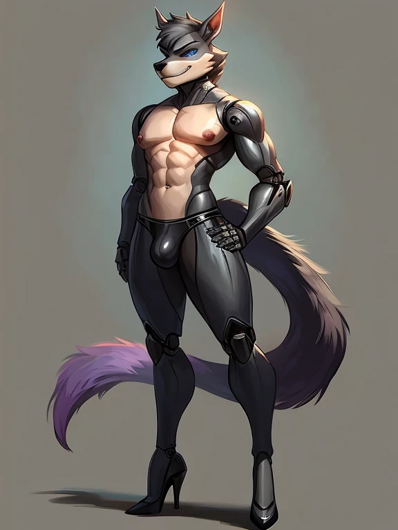 ((full body)),Male, robot Gray wolf, BLUE LCD eyes, long tail, big nipples, slim, sly, simple background,, smirk, bulge，((high heels))，Metal body