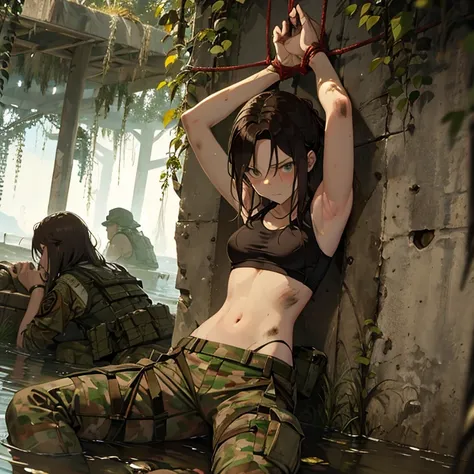 a group of  female soldiers, (in swamp), various hair styles, tank top, harem, beautiful leg, midriff, camouflage military trous...